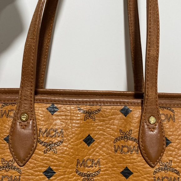 MCM #H5822 Vintage Visetos Blue Stripes Monogram Small Tote Bag  EUC Cognac - Picture 15 of 16